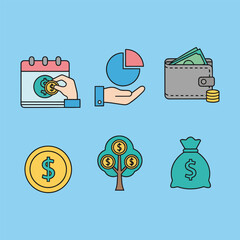 A collection of six colorful flat design icons representing various financial concepts such as savings, investment, budgeting, wealth, and money management on a light blue background.