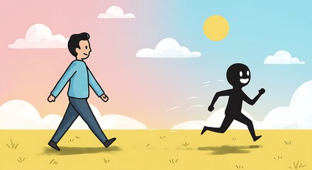 Man Walking Away From Shadow Figure Running Towards Him.
