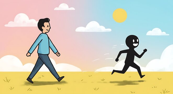 Man Walking Away From Shadow Figure Running Towards Him.
