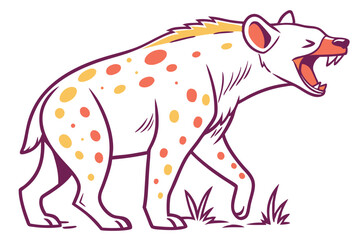 Cartoon Hyena Walking, Open Mouth with Spots on a White Background