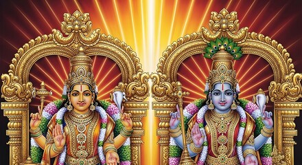 Obraz premium Decorative Hindu Deity Statues with Ornate Gold Crowns and Bright Background