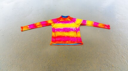 rashguard. Neon surf rashguard laid flat on wet sand, material stretched. lifestyle magazines, social media lookbooks, designed for lifestyle magazines and social media content.