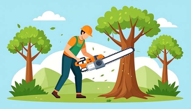 Worker cuts tree with chainsaw