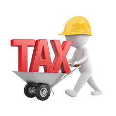 Tax Concept: Worker Pushing Wheelbarrow with TAX Letters