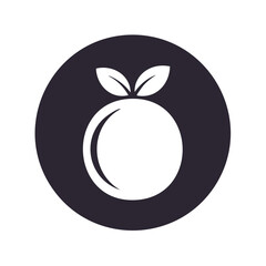 Abstract illustration of a fruit with leaves inside a circle.