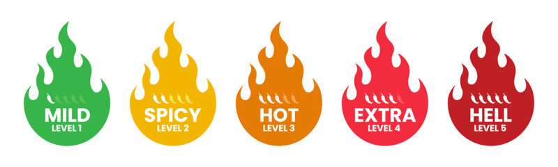 Hot spicy level chili vector. Spicy food or sauce taste scale indicators, green, red, yellow and orange rating signs for hot, extra and mild taste. Vector illustration.