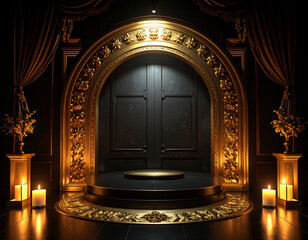 Elegant Luxury Stage with Golden Arch and Candlelight