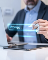 Businessman writing a prompt on a futuristic virtual screen to command a generative AI tool
