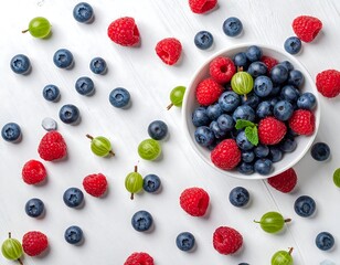 Fresh berries scattered on white wood