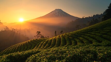 Fototapeta premium misty sunrise behind mountain and tea fields