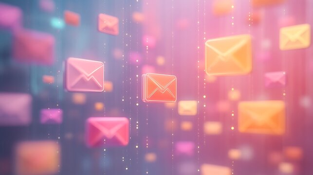 Abstract colorful envelopes floating in a digital space isolated on white background - Powered by Adobe
