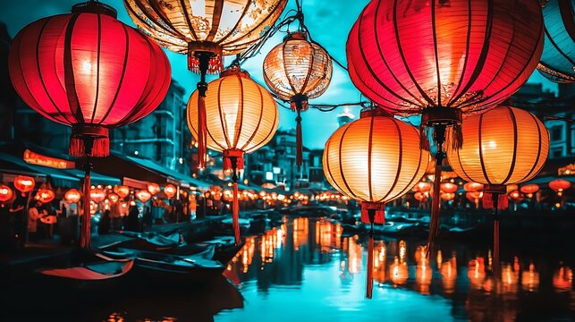 Decorative lanterns glowing brightly around riverside market stalls under night sky - Powered by Adobe