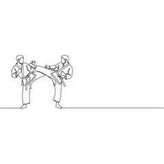 Two karate practitioners sparring, executing a high kick in training