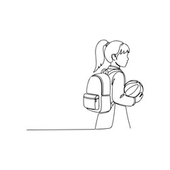 Young student holding basketball with backpack, line art on white