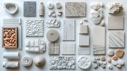 A collection of stone, tile, and texture samples on a light background, useful for building material catalogs, interior design, and architectural projects.