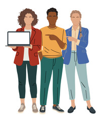 Flat minimalist vector of three diverse young business people in smart casual clothes pointing to a laptop, promoting apps, products, or services, isolated on transparent background