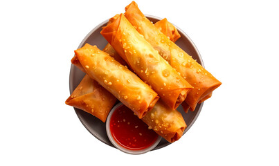 Angled Top View of Spring Rolls with Dipping Sauce, Transparent Background, PNG