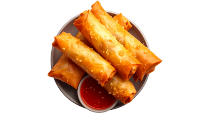 Angled Top View of Spring Rolls with Dipping Sauce, Transparent Background, PNG
