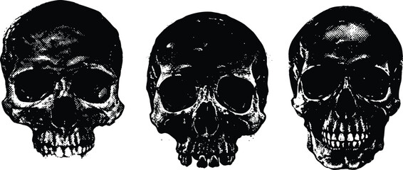 Grunge human skull with halftone stipple effect isolate texture human skull set perfect for urban design vector illustration. Y2k vintage elements for design skull with wreath, barb wire, brain