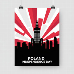 Poland skyline silhouette with rays and text for Independence Day  