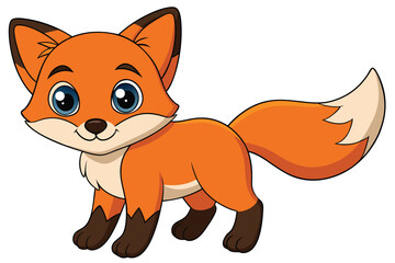 Cartoon Orange Fox Standing, Cute Animal with Blue Eyes on White Background