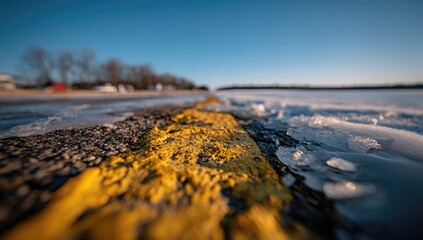 Close-up view of a yellow road marking on frozen pavement.