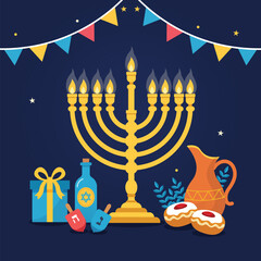 Happy Hanukkah illustration with menorah, dreidels, and gift