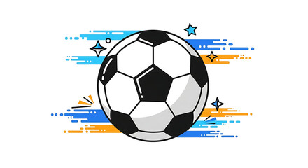 A classic black and white soccer ball with a dynamic background of colorful lines and stars.