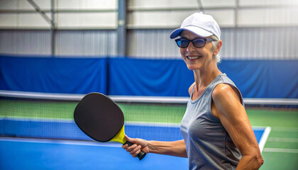 A vibrant senior woman in athletic wear smiles brightly while holding a pickleball paddle on a court.