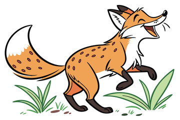 Cartoon Orange Fox with Big Tail, Open Mouth on White Background