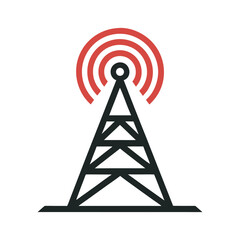 Red and Black Radio Tower with Signal Waves Icon Keywords: radio tower, antenna, broadcast, signal, transmission, communication, technology