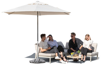 Group of friends relaxing on an outdoor sofa under a parasol and chatting, isolated on white and transparent background © Martin