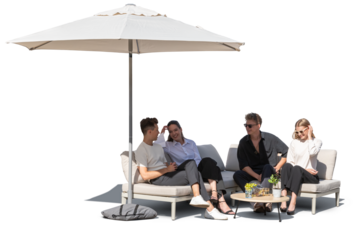 Group of friends relaxing on an outdoor sofa under a parasol and chatting, isolated on white and transparent background