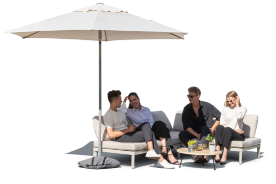 Group of friends relaxing on an outdoor sofa under a parasol and chatting, isolated on white and transparent background - Powered by Adobe