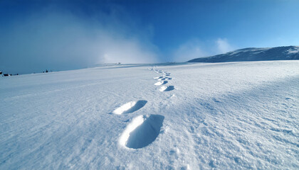 Fresh footprints walk away through the bright, deep white snow toward a big clear blue sky.