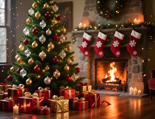 Christmas tree with ornaments, gifts wrapped in red and gold, fireplace with stockings hanging in the background