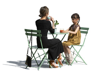 Asian woman sitting in an outdoor restaurant with her daughter, isolated on white and transparent...