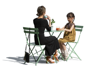 Asian woman sitting in an outdoor restaurant with her daughter, isolated on white and transparent background