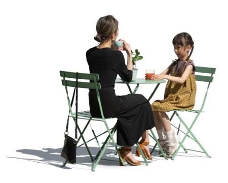 Asian woman sitting in an outdoor restaurant with her daughter, isolated on white and transparent background