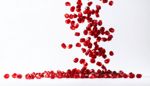 Hundreds of vibrant ruby red pomegranate arils fall dynamically onto a clean white surface.