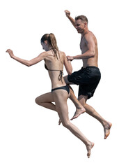 Couple jumping into the pool together, isolated on white and transparent background
