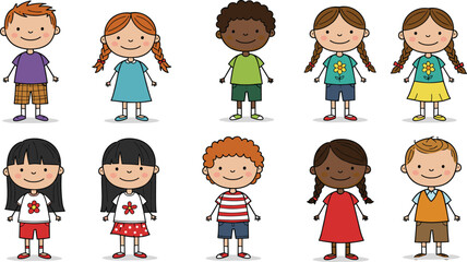 Group of Diverse Cartoon Children Standing Together in Colorful Outfits, Smiling and Posing for Educational, Multicultural, and Kids Design Use