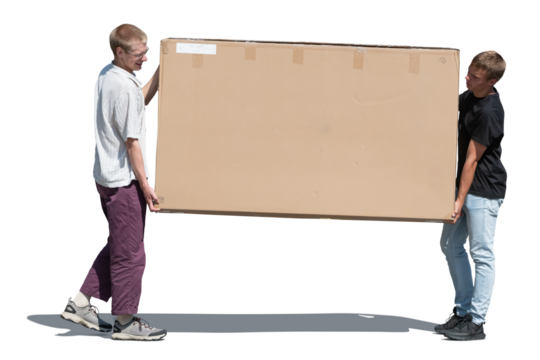 Two men carrying a very large package across the street isolated on white and transparent background