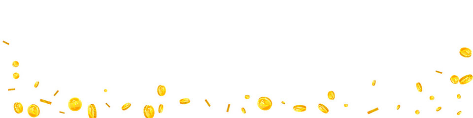Indian rupee coins falling. Scattered gold INR