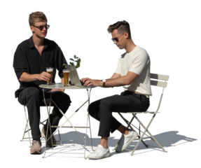 Two men sitting in an outdoor street café and drinking beer and talking isolated on white and transparent background