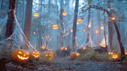 Atmospheric Halloween scene in foggy forest, where path is lined with glowing jack-o'-lanterns on ground and hanging from trees. Draped with cobwebs, the dark woods create spooky and eerie background