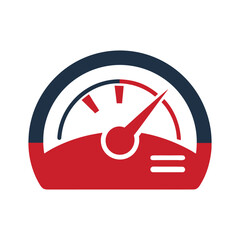 Speedometer icon with red and dark blue colors and needle Keywords: speedometer, gauge, dial, meter, speed, measurement, indicator, dashboard