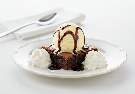 Gourmet chocolate brownie sundae with vanilla ice cream and fudge sauce.