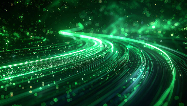 Abstract green glowing motion blur lines on dark background, futuristic digital design