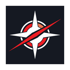 Starburst Compass Rose with Red Slash on Dark Blue Background navigation